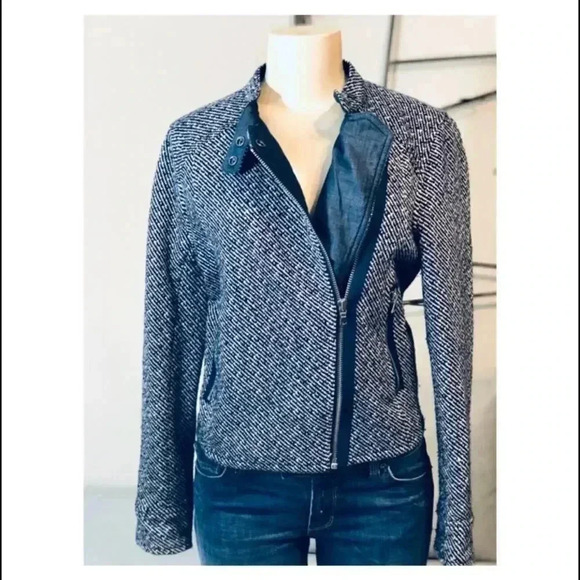 Gap Jacket Tweed Navy & White Herringbone Crew Neck Asymmetrical Size Small - Picture 3 of 7